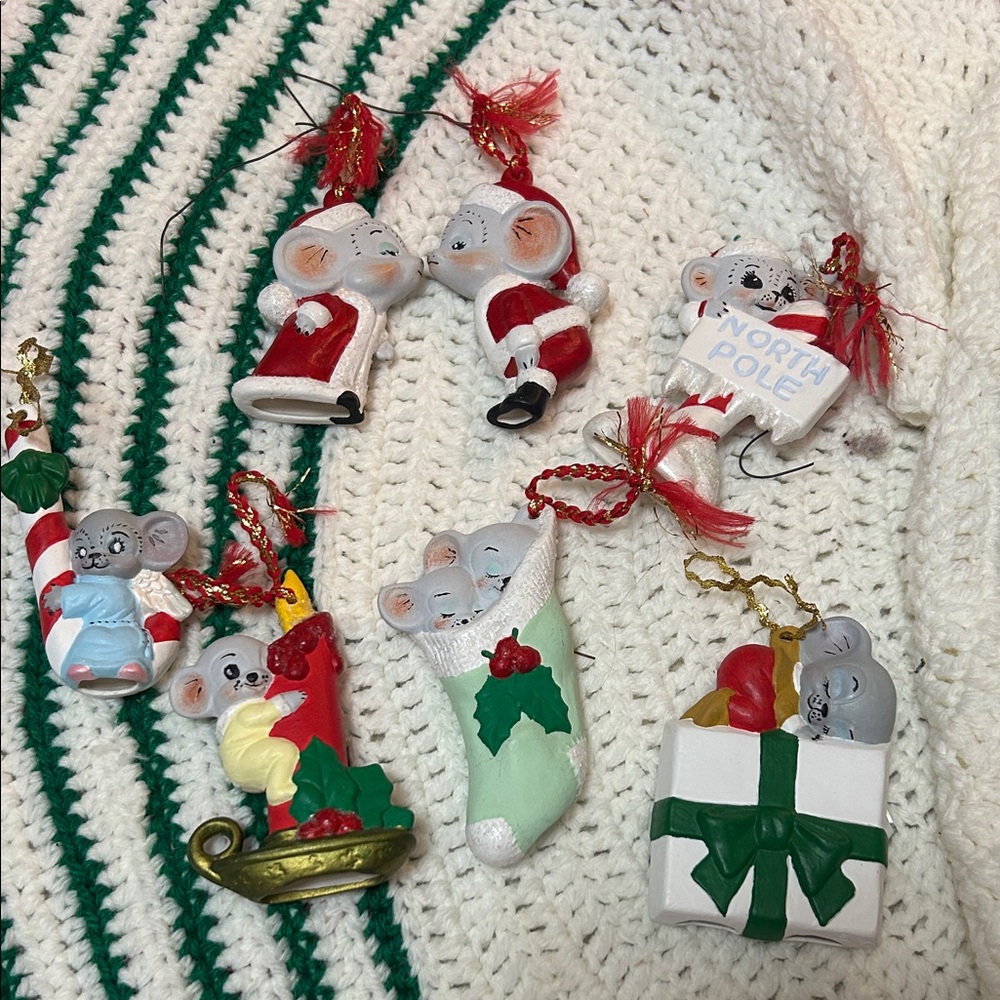 Vintage Bisque Ceramic Christmas Mouse Ornaments – Set of 7